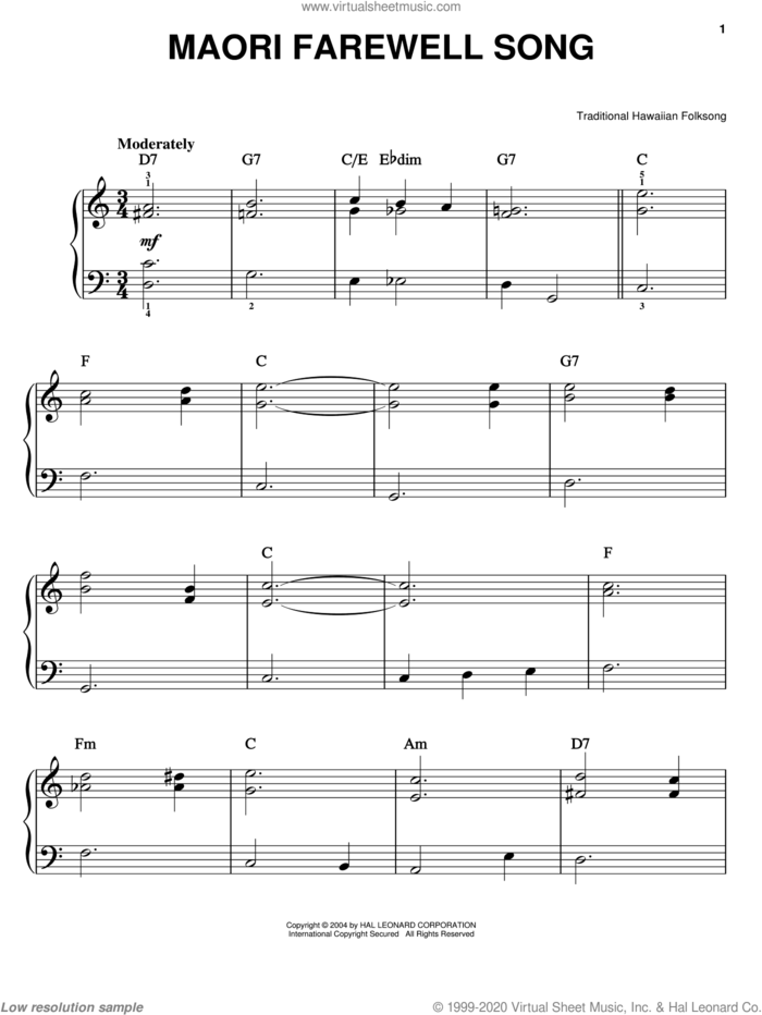 Maori Farewell Song sheet music for piano solo, easy skill level
