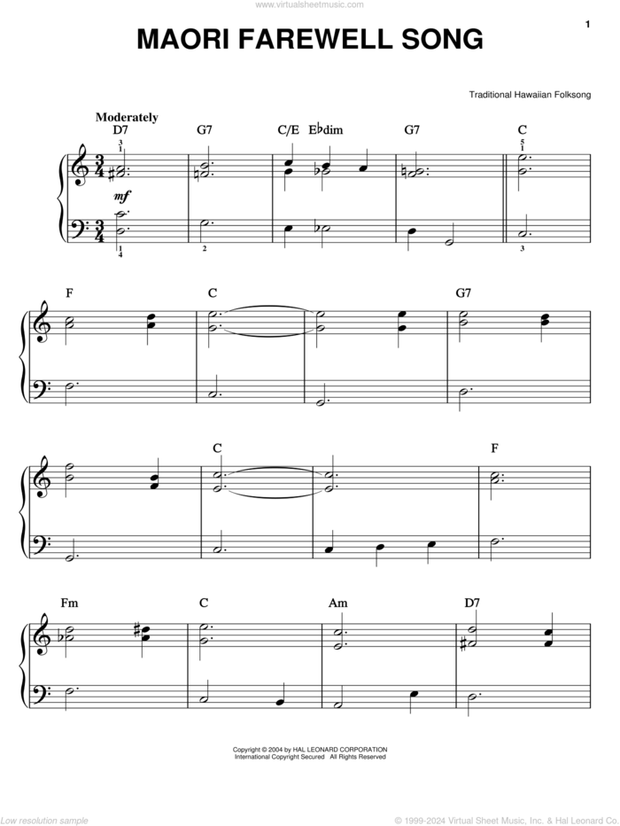 Maori Farewell Song sheet music for piano solo, easy skill level