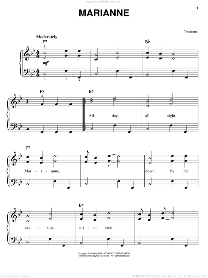 Marianne sheet music for piano solo, easy skill level