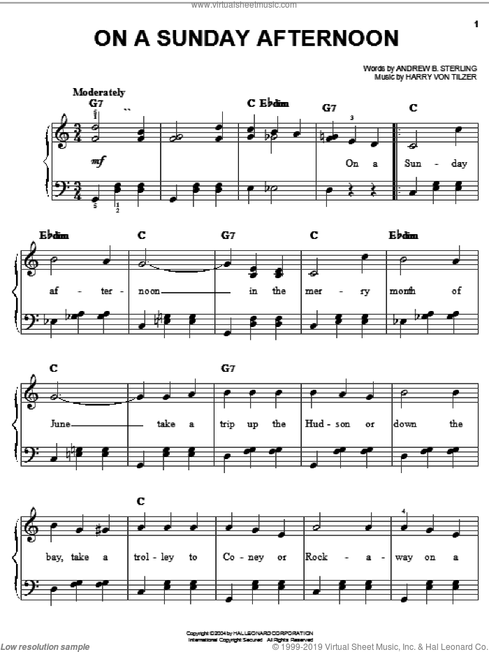 On A Sunday Afternoon sheet music for piano solo by Andrew B. Sterling and Harry von Tilzer, easy skill level