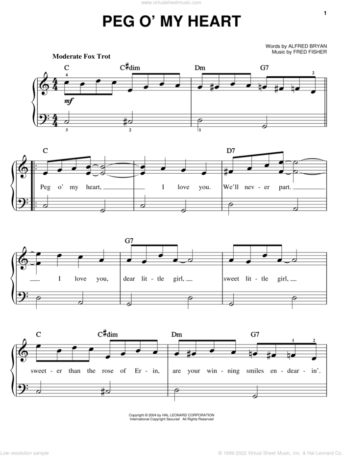 Peg O' My Heart sheet music for piano solo by Fred Fisher and Alfred Bryan, easy skill level