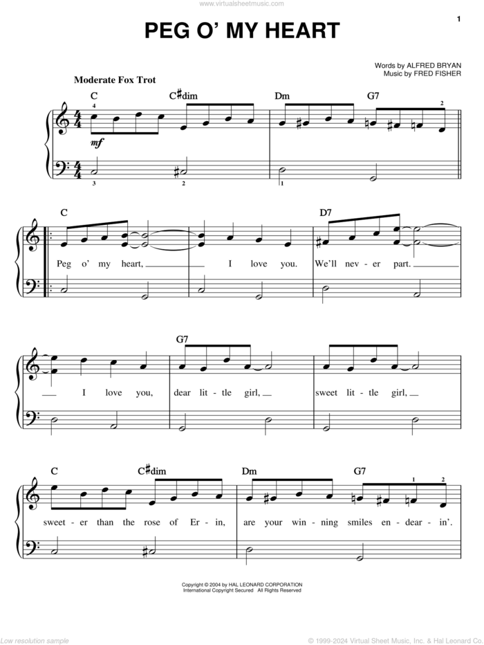 Peg O' My Heart sheet music for piano solo by Fred Fisher and Alfred Bryan, easy skill level