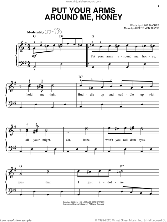 Put Your Arms Around Me, Honey sheet music for piano solo by Blossom Seely, Albert von Tilzer and Junie McCree, easy skill level