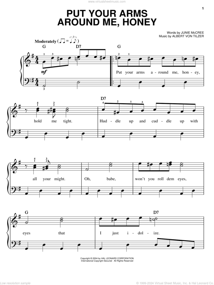 Put Your Arms Around Me, Honey sheet music for piano solo by Blossom Seely, Albert von Tilzer and Junie McCree, easy skill level