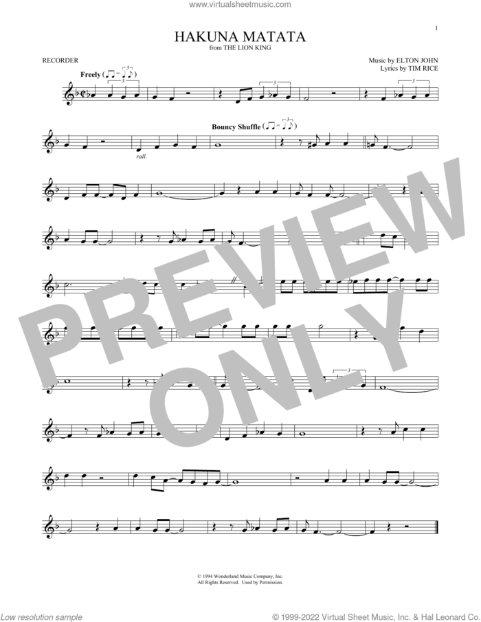 Hakuna Matata (from The Lion King) sheet music for recorder solo by Elton John and Tim Rice, intermediate skill level