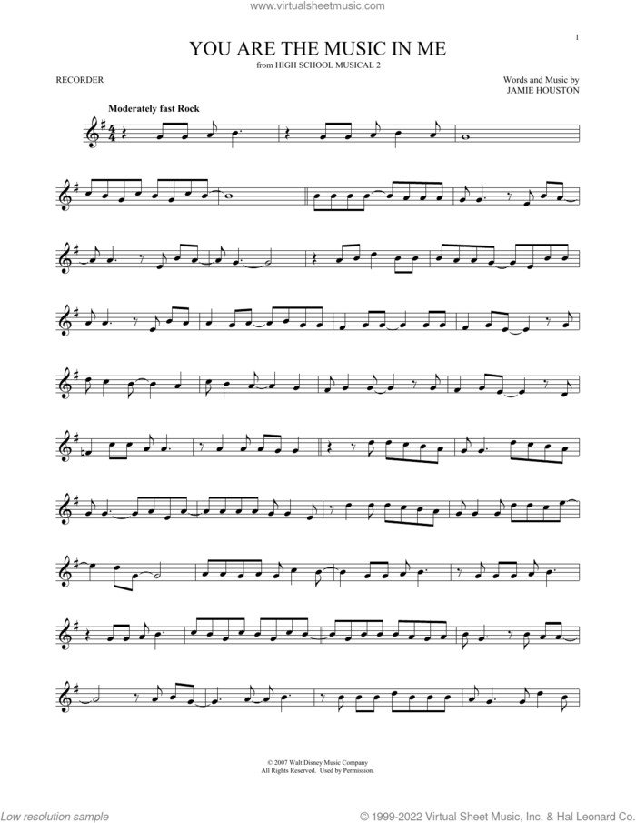 You Are The Music In Me (from High School Musical 2) sheet music for recorder solo by Zac Efron and Vanessa Hudgens, Zac Efron and Vanessa Anne Hudgens and Jamie Houston, intermediate skill level