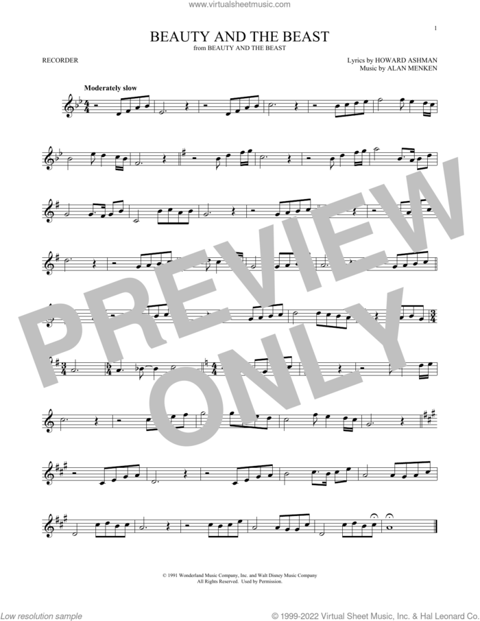 Beauty And The Beast sheet music for recorder solo by Alan Menken, Alan Menken & Howard Ashman and Howard Ashman, intermediate skill level