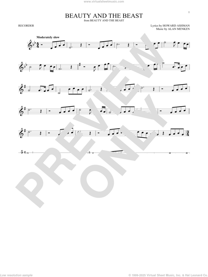 Beauty And The Beast sheet music for recorder solo by Alan Menken, Alan Menken & Howard Ashman and Howard Ashman, wedding score, intermediate skill level