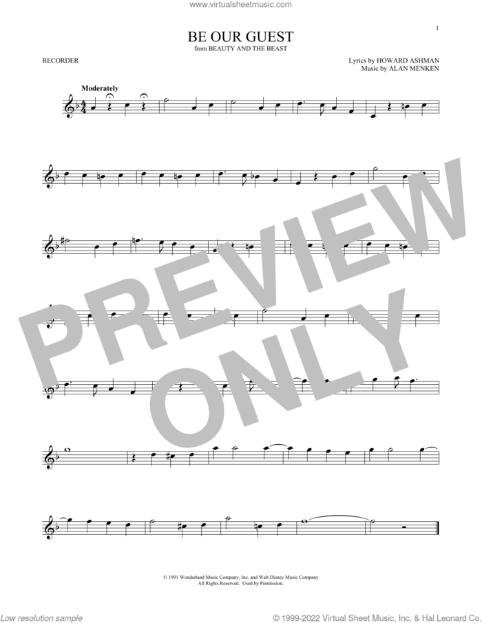 Be Our Guest (from Beauty And The Beast) sheet music for recorder solo by Alan Menken, Alan Menken & Howard Ashman and Howard Ashman, intermediate skill level