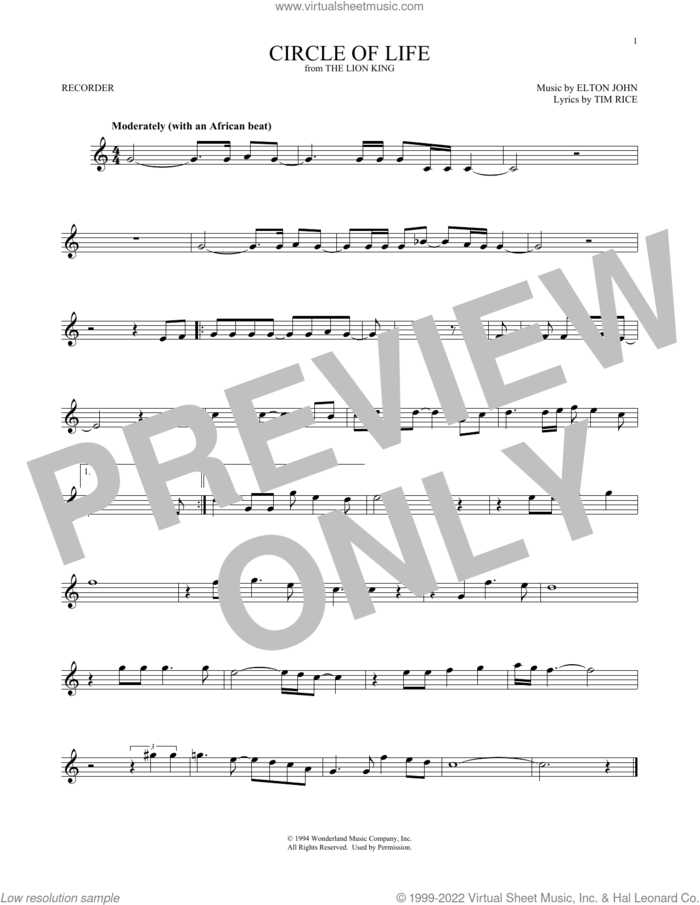 Circle Of Life (from The Lion King) sheet music for recorder solo by Elton John and Tim Rice, intermediate skill level