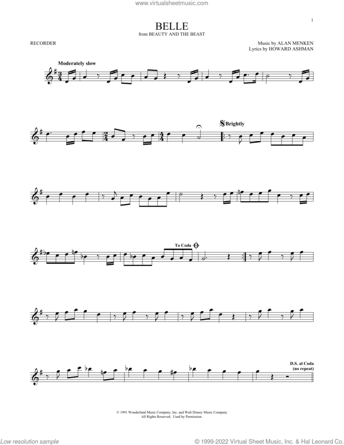 Belle (from Beauty And The Beast) sheet music for recorder solo by Alan Menken & Howard Ashman, Alan Menken and Howard Ashman, intermediate skill level