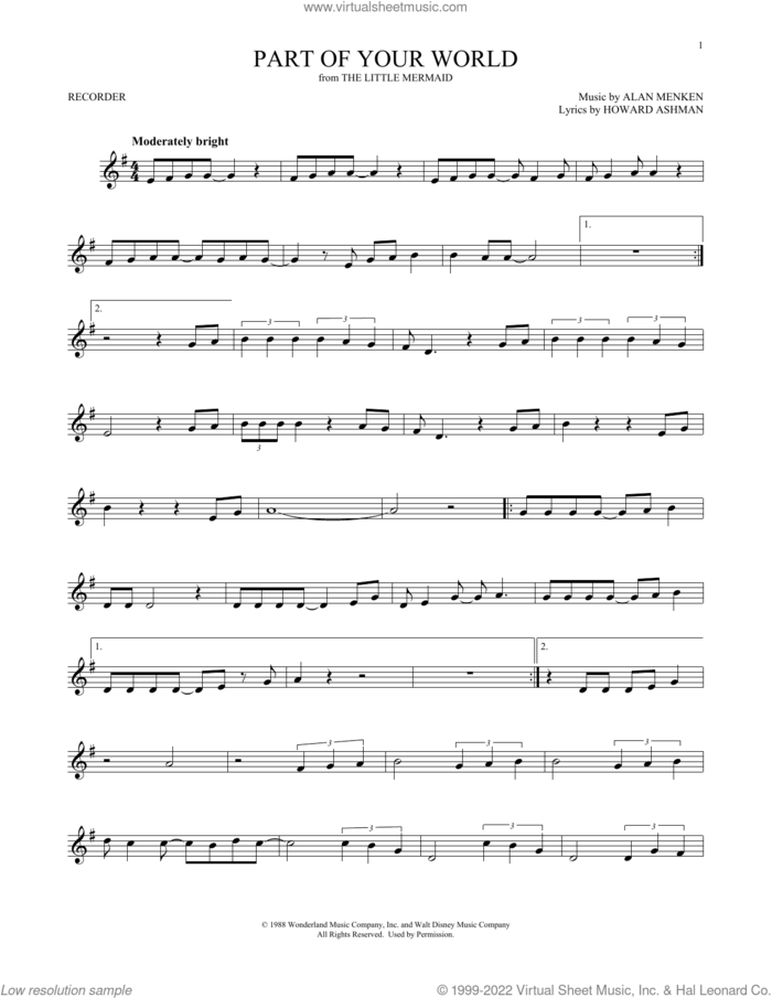 Part Of Your World (from The Little Mermaid) sheet music for recorder solo by Alan Menken, Alan Menken & Howard Ashman and Howard Ashman, intermediate skill level