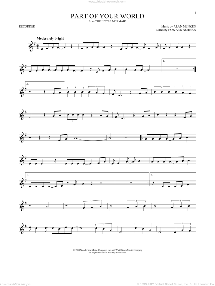 Part Of Your World (from The Little Mermaid) sheet music for recorder solo by Alan Menken, Alan Menken & Howard Ashman and Howard Ashman, intermediate skill level