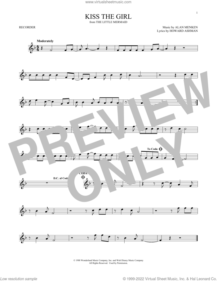 Kiss The Girl (from The Little Mermaid) sheet music for recorder solo by Alan Menken, Alan Menken & Howard Ashman and Howard Ashman, intermediate skill level