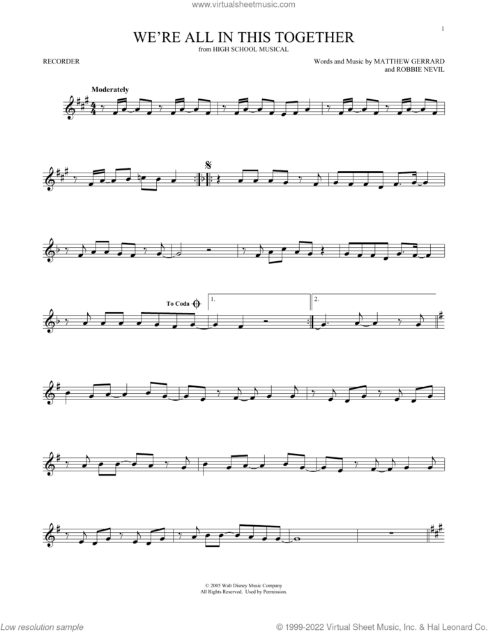 We're All In This Together (from High School Musical) sheet music for recorder solo by High School Musical Cast, Matthew Gerrard and Robbie Nevil, intermediate skill level