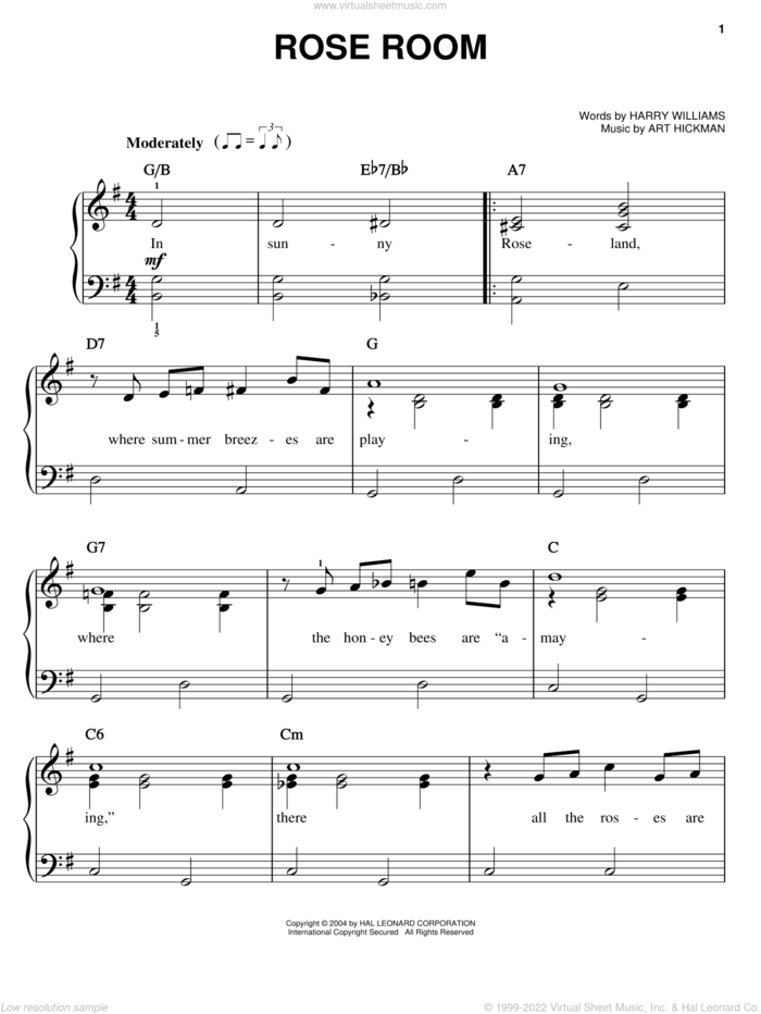 Rose Room sheet music for piano solo by Benny Goodman, Art Hickman and Harry Williams, easy skill level