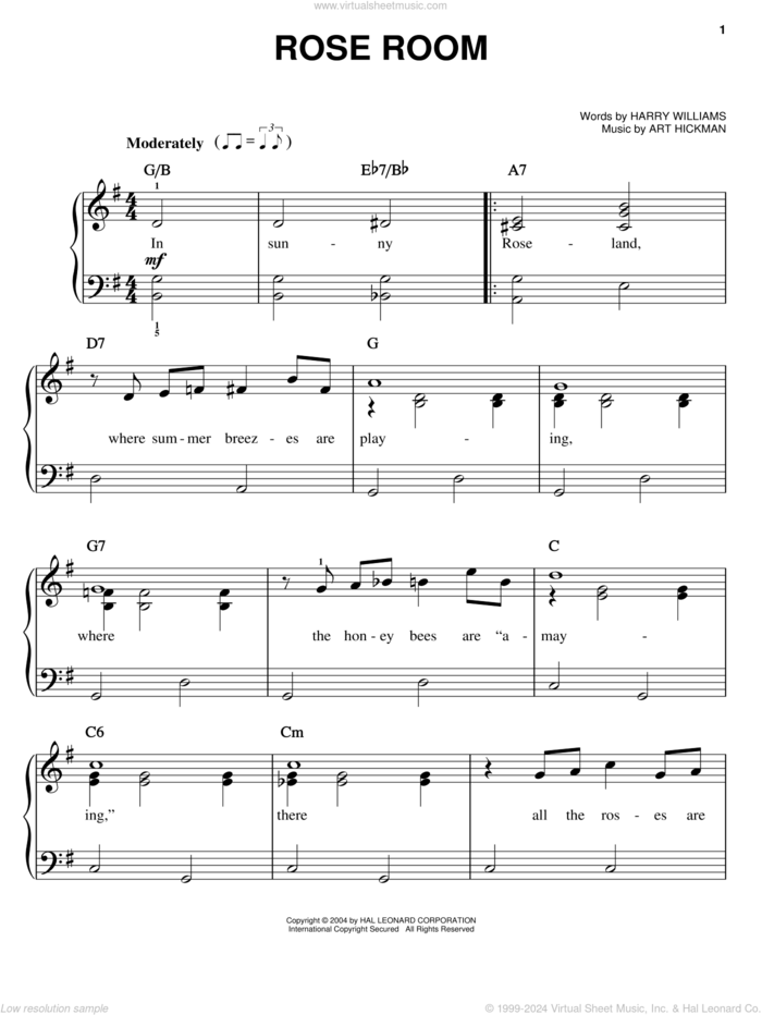 Rose Room, (easy) sheet music for piano solo by Benny Goodman, Art Hickman and Harry Williams, easy skill level