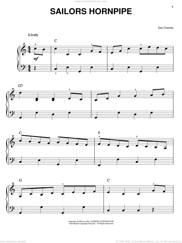 Sailors Hornpipe sheet music for piano solo, easy skill level