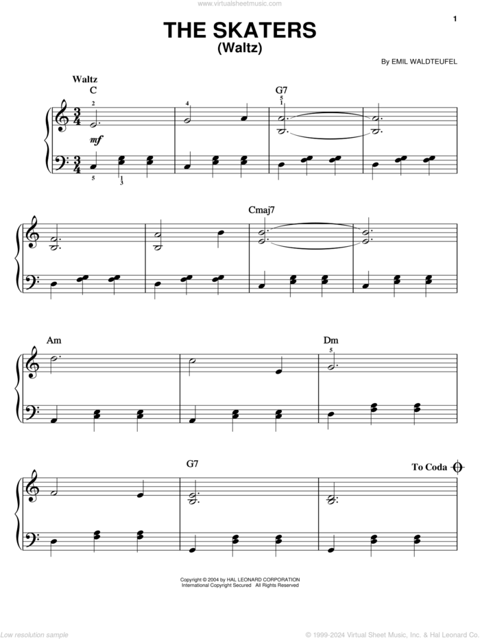 The Skaters (Waltz), (easy) sheet music for piano solo by Emile Waldteufel and Mantovani, classical score, easy skill level