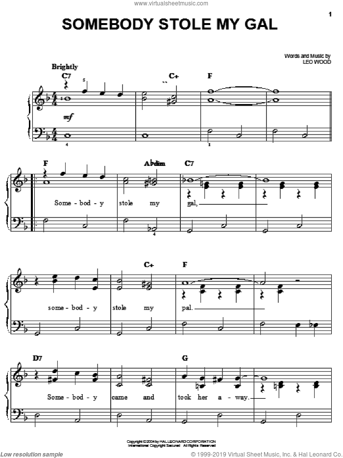 Somebody Stole My Gal sheet music for piano solo by Benny Goodman, Bix Beiderbecke, Thomas Waller and Leo Wood, easy skill level