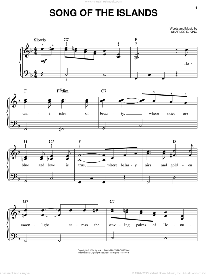 Song Of The Islands sheet music for piano solo by Louis Armstrong, Les Paul and Charles E. King, easy skill level