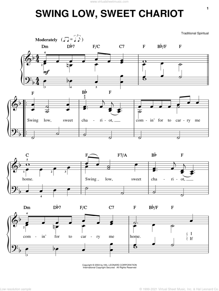 Swing Low, Sweet Chariot, (easy) sheet music for piano solo, easy skill level