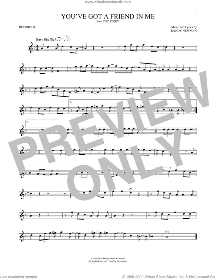 You've Got A Friend In Me (from Toy Story) sheet music for recorder solo by Randy Newman, intermediate skill level