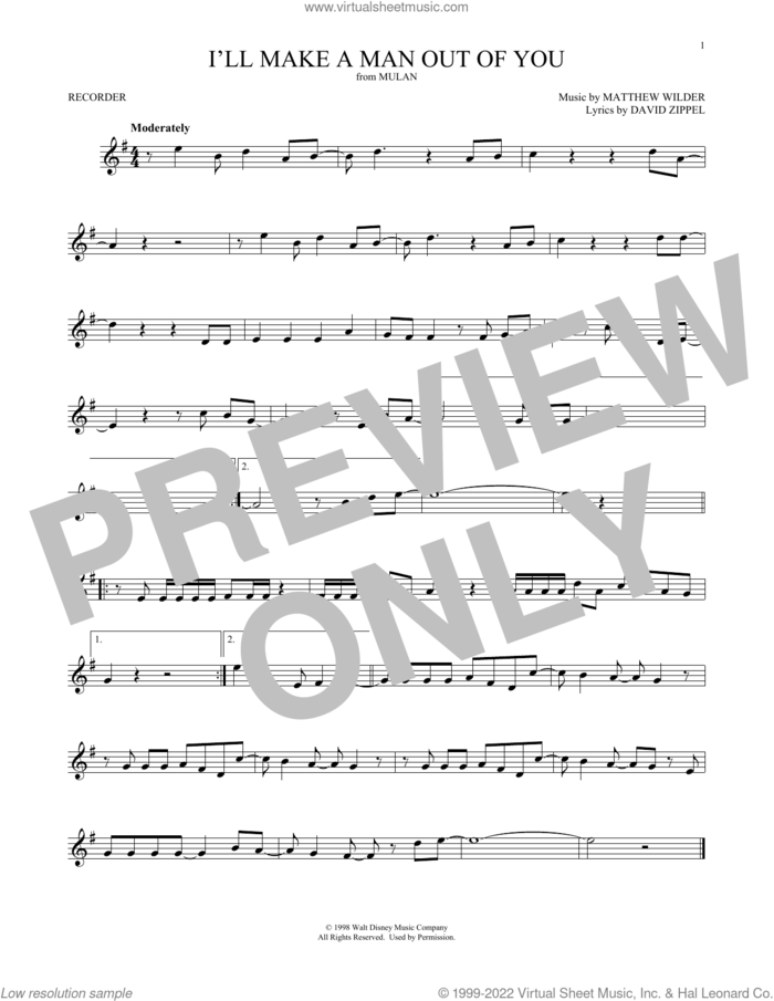 I'll Make A Man Out Of You (from Mulan) sheet music for recorder solo by David Zippel and Matthew Wilder, intermediate skill level