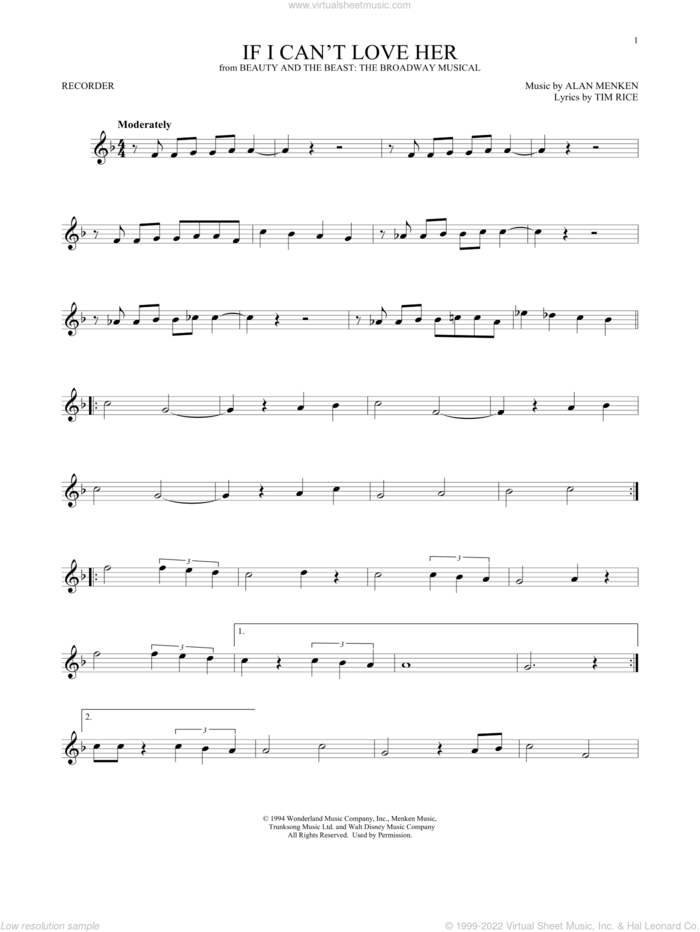 If I Can't Love Her (from Beauty And The Beast: The Musical) sheet music for recorder solo by Alan Menken, Alan Menken & Tim Rice and Tim Rice, intermediate skill level