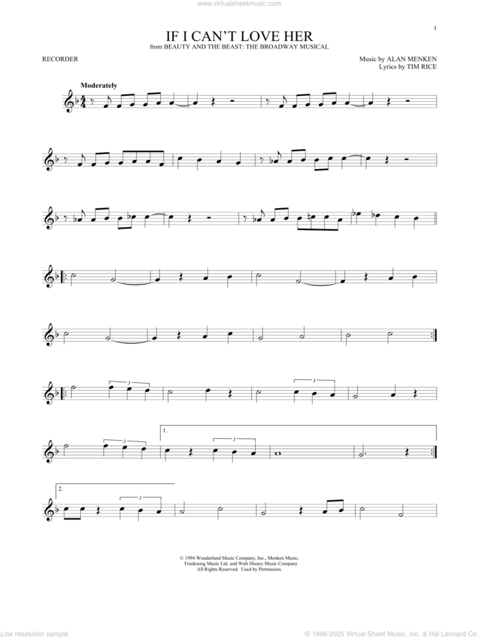 If I Can't Love Her (from Beauty And The Beast: The Musical) sheet music for recorder solo by Alan Menken, Alan Menken & Tim Rice and Tim Rice, intermediate skill level