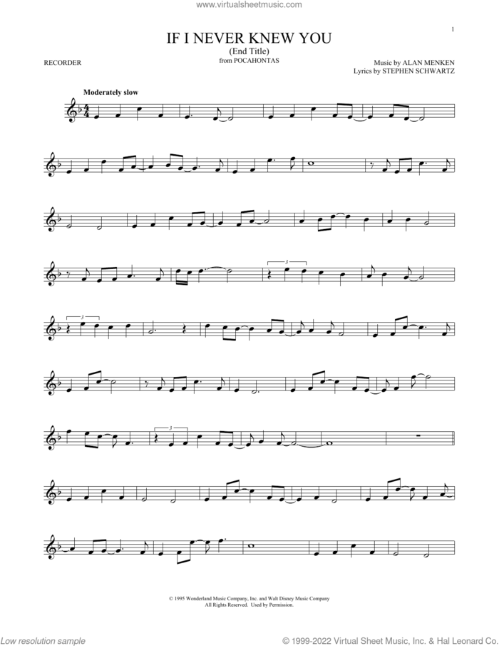 If I Never Knew You (End Title) (from Pocahontas) sheet music for recorder solo by Alan Menken and Stephen Schwartz, intermediate skill level