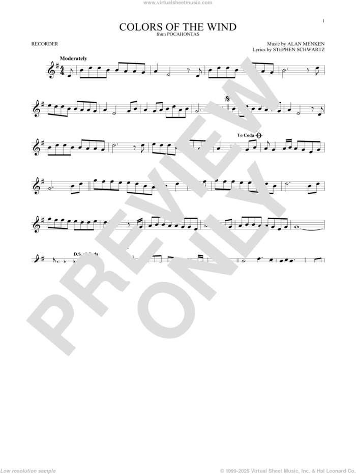 Colors Of The Wind (from Pocahontas) sheet music for recorder solo by Alan Menken, Vanessa Williams and Stephen Schwartz, intermediate skill level