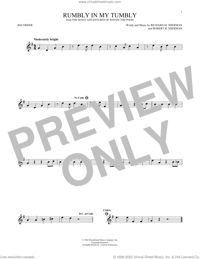 Rumbly In My Tumbly (from The Many Adventures Of Winnie The Pooh) sheet music for recorder solo by Richard M. Sherman, Robert B. Sherman and Sherman Brothers, intermediate skill level