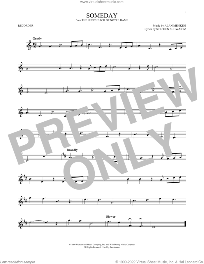 Someday (from The Hunchback Of Notre Dame) sheet music for recorder solo by All-4-One, Alan Menken and Stephen Schwartz, intermediate skill level