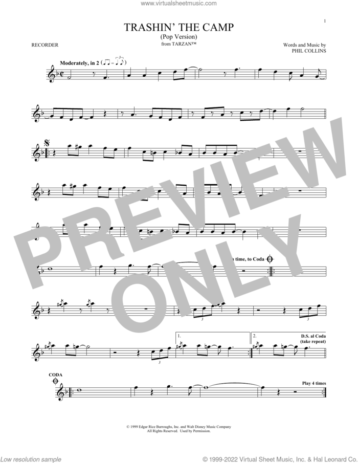 Trashin' The Camp (from Tarzan) sheet music for recorder solo by Phil Collins, intermediate skill level