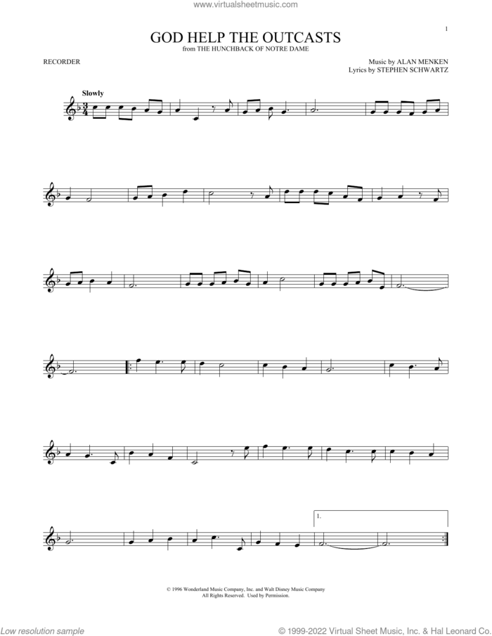 God Help The Outcasts (from The Hunchback Of Notre Dame) sheet music for recorder solo by Alan Menken, Bette Midler and Stephen Schwartz, intermediate skill level