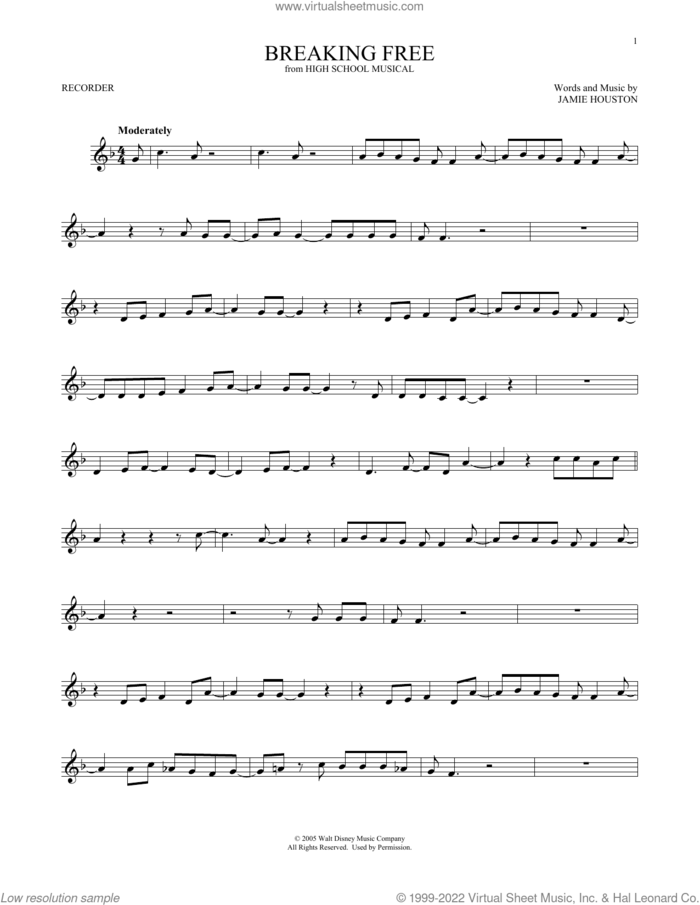 Breaking Free (from High School Musical) sheet music for recorder solo by Jamie Houston and Zac Efron and Vanessa Anne Hudgens, intermediate skill level