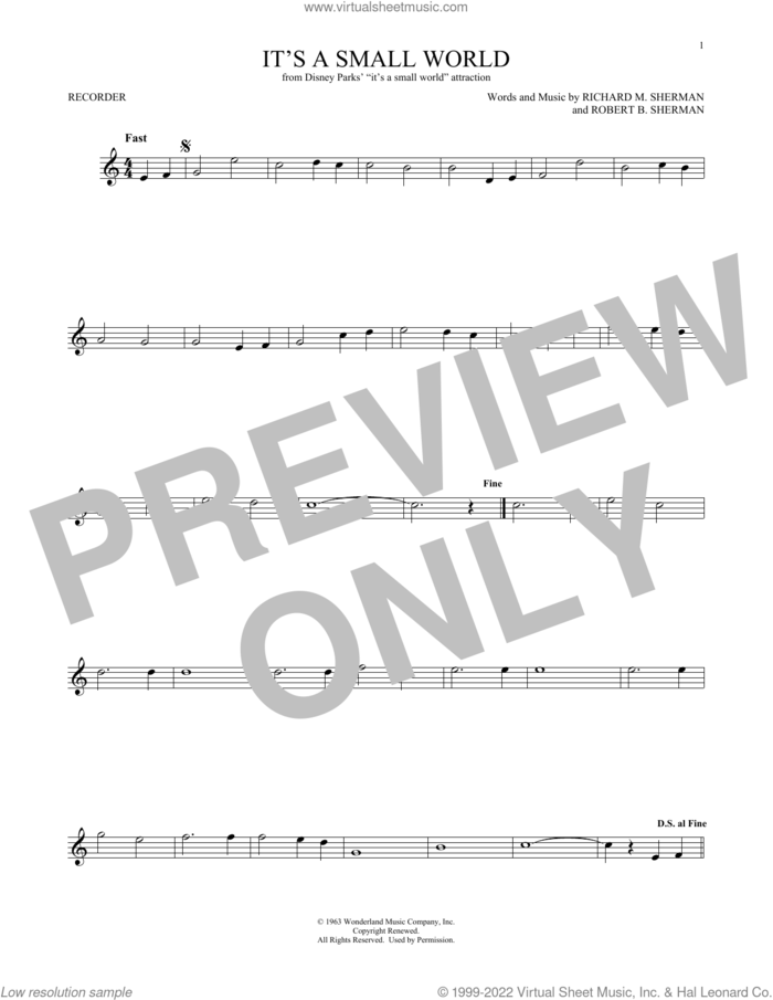 It's A Small World sheet music for recorder solo by Richard M. Sherman, Robert B. Sherman and Sherman Brothers, intermediate skill level