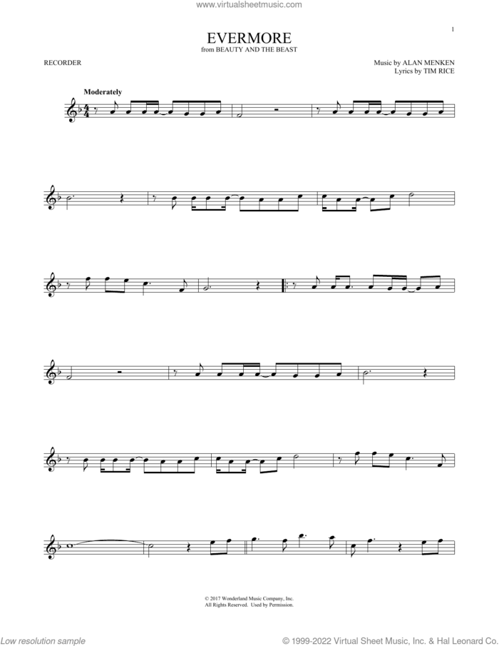 Evermore (from Beauty And The Beast) sheet music for recorder solo by Alan Menken, Josh Groban and Tim Rice, intermediate skill level
