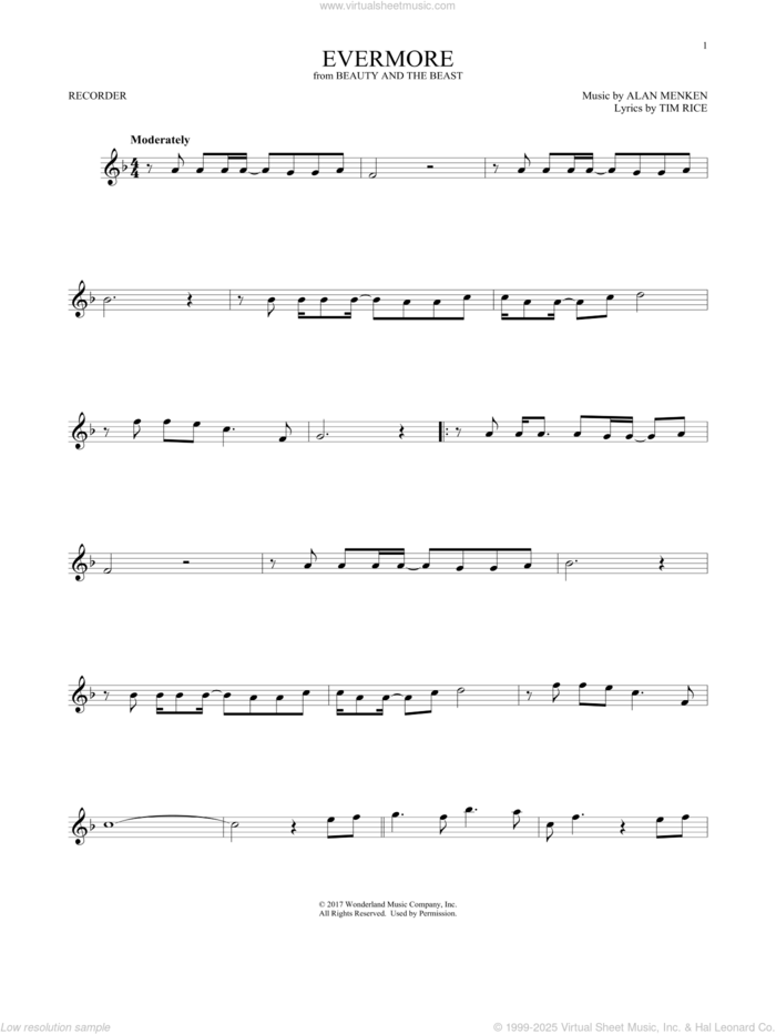 Evermore (from Beauty And The Beast) sheet music for recorder solo by Alan Menken, Josh Groban and Tim Rice, intermediate skill level