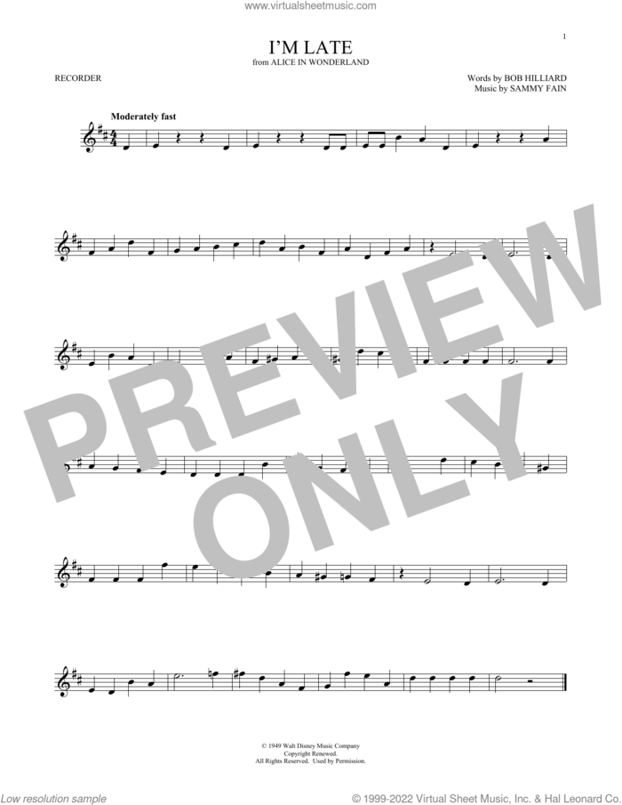 I'm Late (from Alice In Wonderland) sheet music for recorder solo by Sammy Fain and Bob Hilliard, intermediate skill level