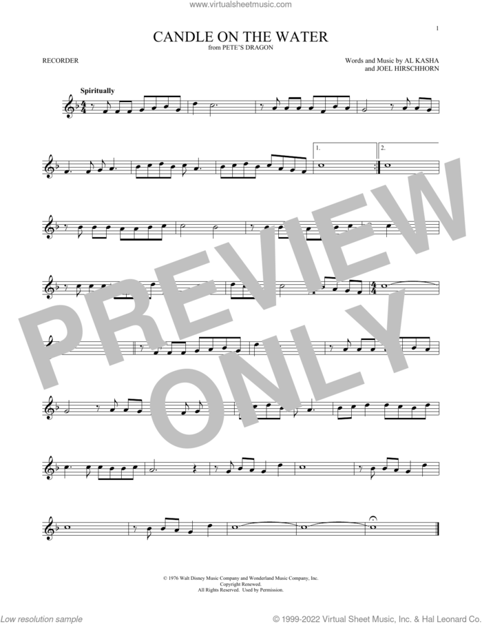 Candle On The Water (from Pete's Dragon) sheet music for recorder solo by Al Kasha, Helen Reddy and Joel Hirschhorn, intermediate skill level