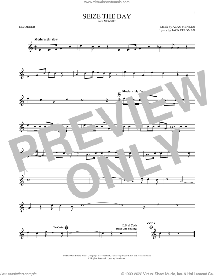 Seize The Day (from Newsies) sheet music for recorder solo by Alan Menken & Jack Feldman, Alan Menken and Jack Feldman, intermediate skill level