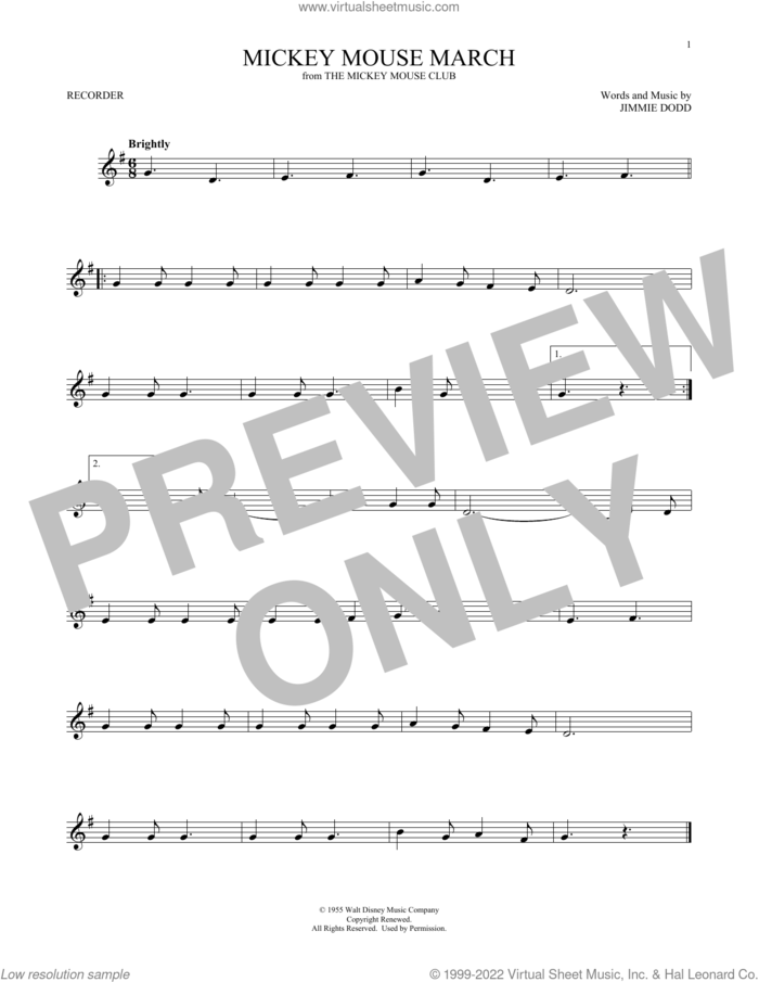 Mickey Mouse March (from The Mickey Mouse Club) sheet music for recorder solo by Jimmie Dodd, intermediate skill level