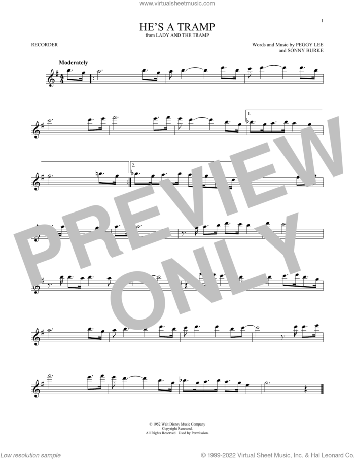 He's A Tramp (from Lady And The Tramp) sheet music for recorder solo by Peggy Lee and Sonny Burke, intermediate skill level