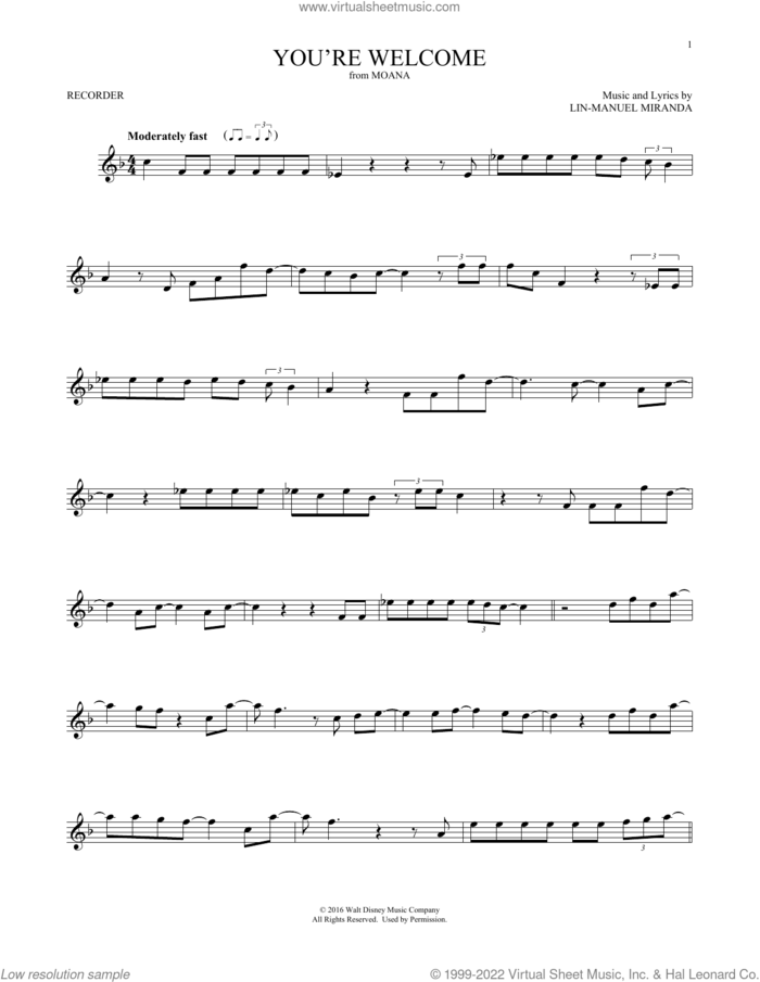 You're Welcome (from Moana) sheet music for recorder solo by Lin-Manuel Miranda, intermediate skill level