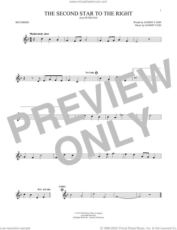 The Second Star To The Right (from Peter Pan) sheet music for recorder solo by Sammy Cahn & Sammy Fain, Sammy Cahn and Sammy Fain, intermediate skill level