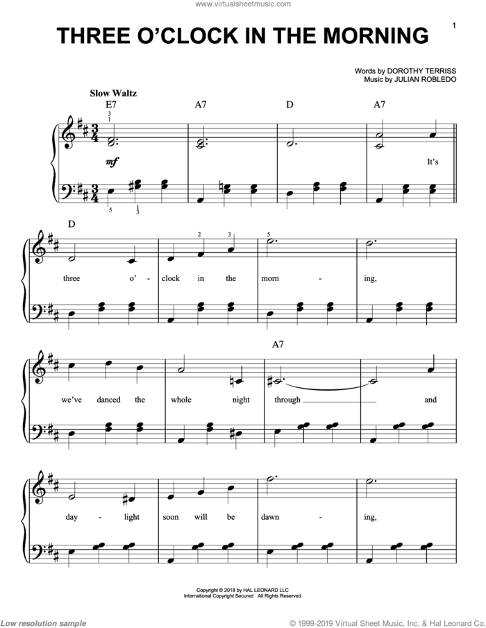 Three O'Clock In The Morning sheet music for piano solo by Dorothy Terriss and Julian Robledo, easy skill level