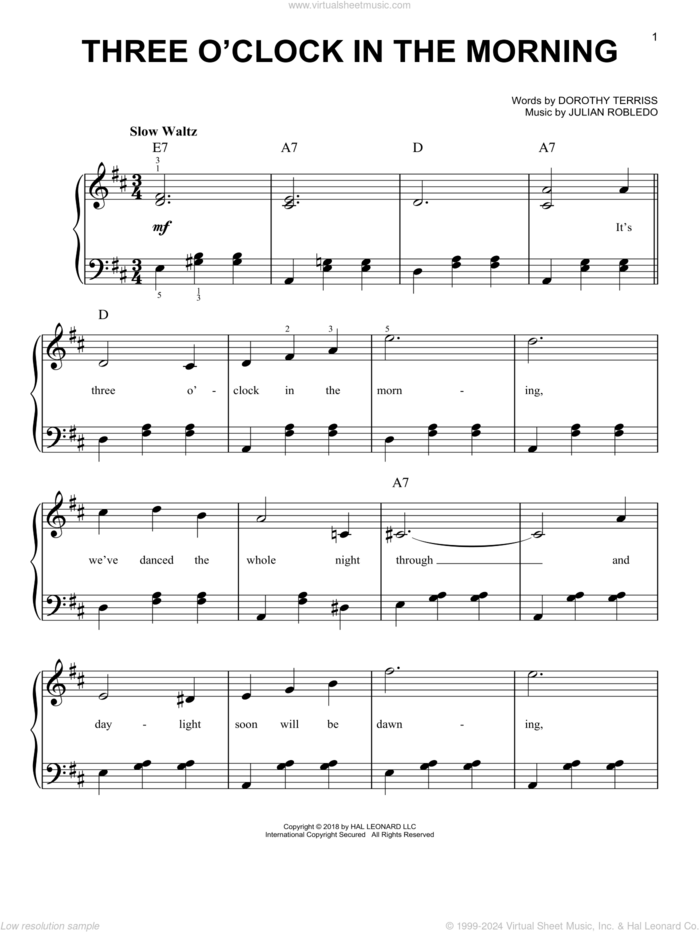 Three O'Clock In The Morning sheet music for piano solo by Dorothy Terriss and Julian Robledo, easy skill level