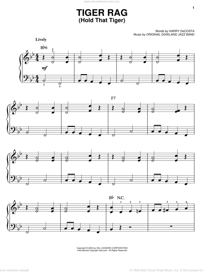 Tiger Rag (Hold That Tiger) sheet music for piano solo by Harry DeCosta and Original Dixieland Jazz Band, easy skill level